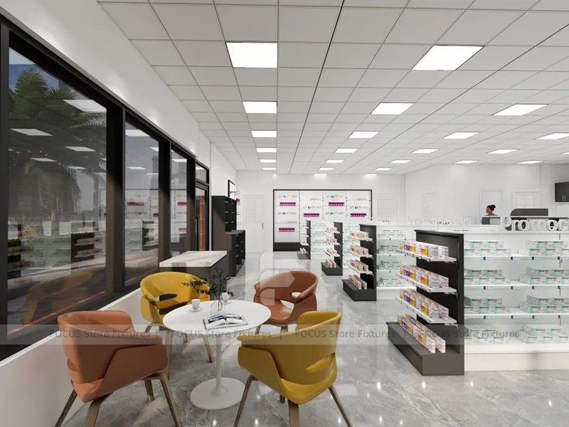 Black White Pharmacy Retail Shelving and Island Gondola