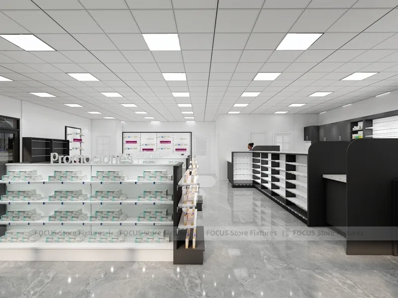 Black White Pharmacy Retail Shelving and Island Gondola