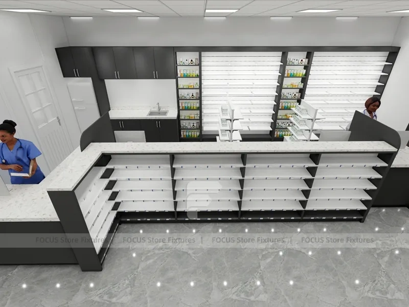 Black White Pharmacy Retail Shelving and Island Gondola