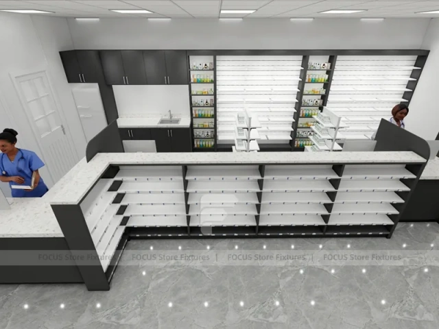 Black White Pharmacy Retail Shelving and Island Gondola