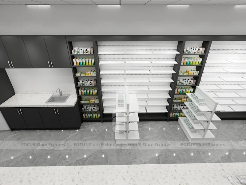 Black White Pharmacy Retail Shelving and Island Gondola