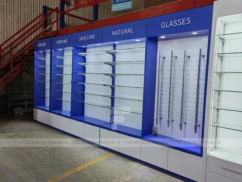 Blue Category Pharmacy Wall Shelving Fixture System