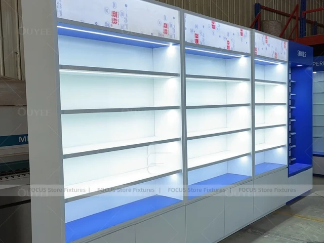 Blue End Pharmacy Gondola and Wall Shelf Fixture Set