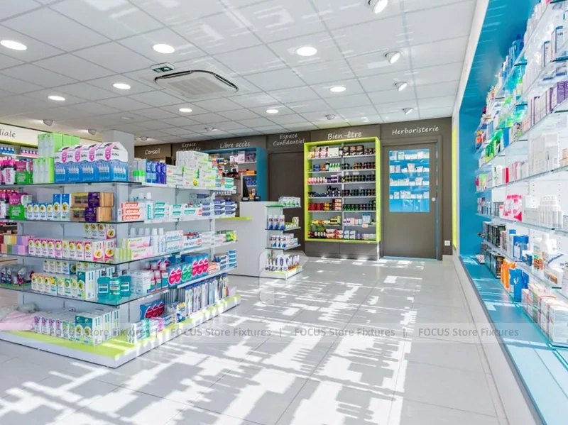 Blue Glass Pharmacy Shelving and Gondola Layout