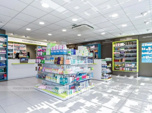 Blue Glass Pharmacy Shelving and Gondola Layout