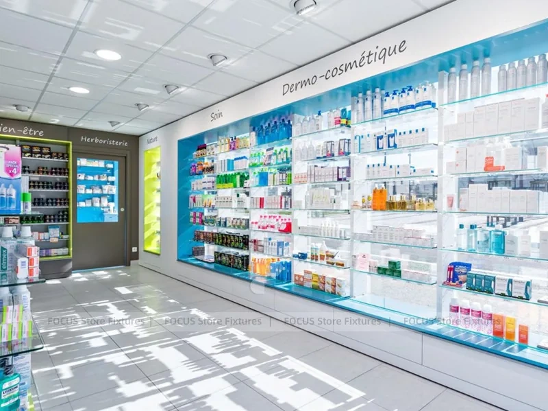Blue Glass Pharmacy Shelving and Gondola Layout
