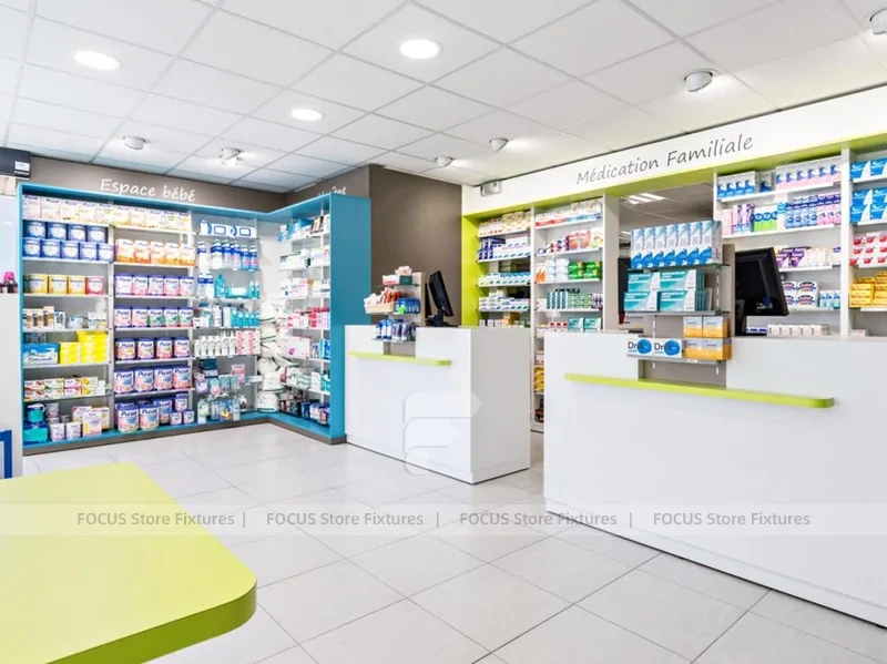 Blue Glass Pharmacy Shelving and Gondola Layout