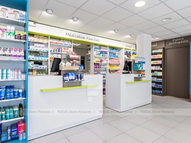 Blue Glass Pharmacy Shelving and Gondola Layout