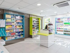 Blue Glass Pharmacy Shelving and Gondola Layout