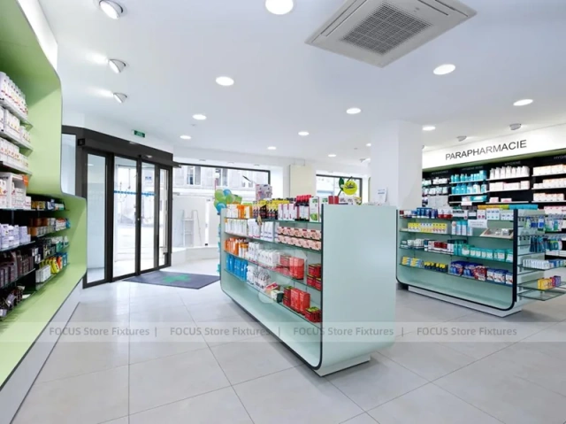 Blue Glass Pharmacy Shelving and Gondola Layout