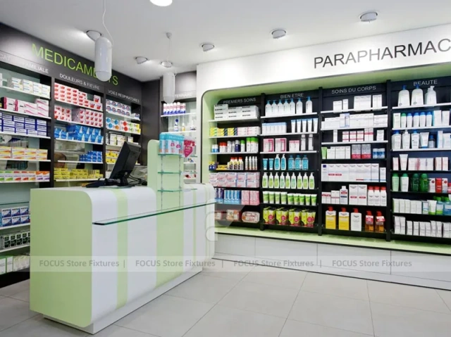Blue Glass Pharmacy Shelving and Gondola Layout