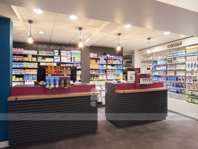 Blue Gray Pharmacy Checkout Counter and Wall Shelving