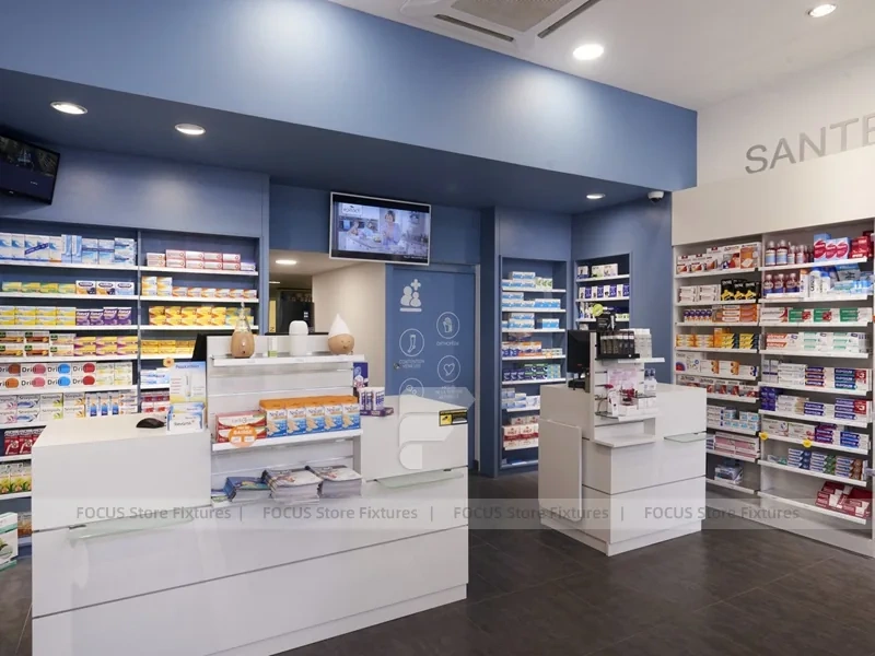 Blue Gray Pharmacy Checkout Counter and Wall Shelving