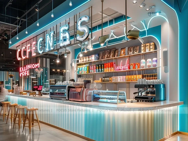 Blue Neon Coffee Wall Counter Layout