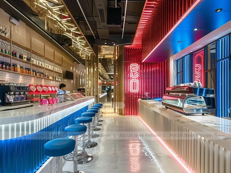 Blue Red Beverage Bar Seating Layout
