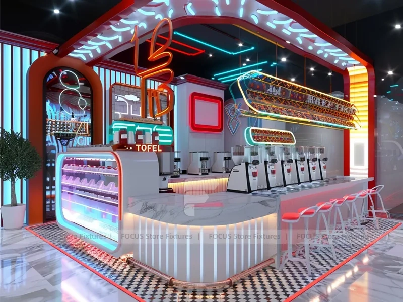Blue Red Beverage Bar Seating Layout