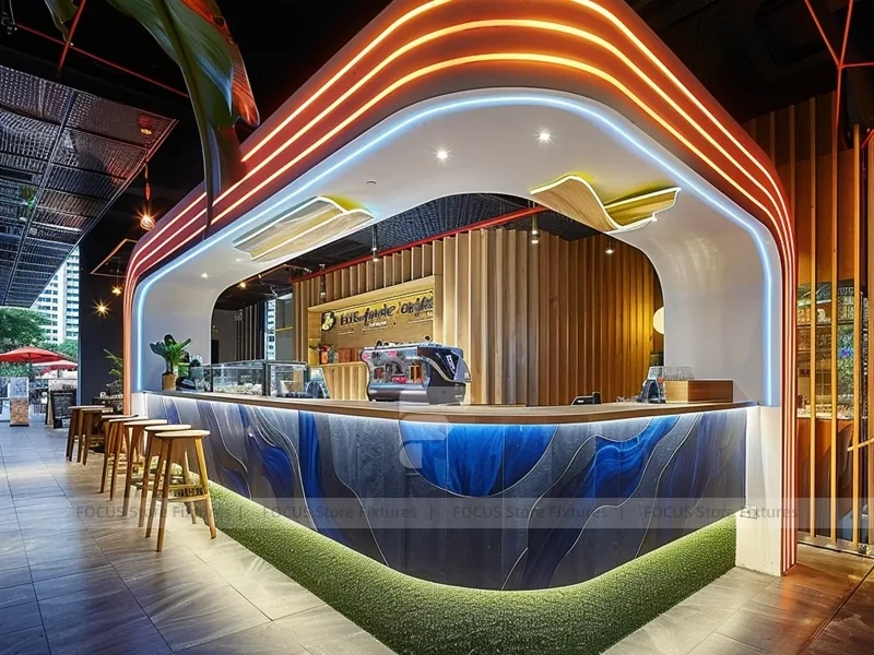 Blue Red Beverage Bar Seating Layout