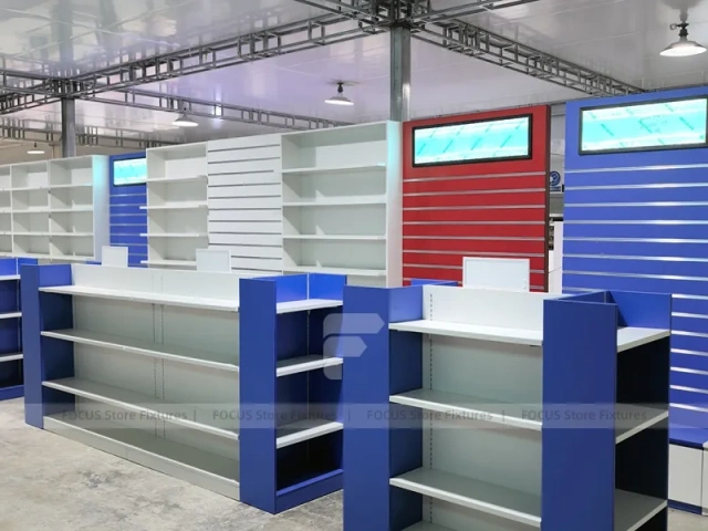 Blue Red Pharmacy Counter and Slatwall Fixture Set