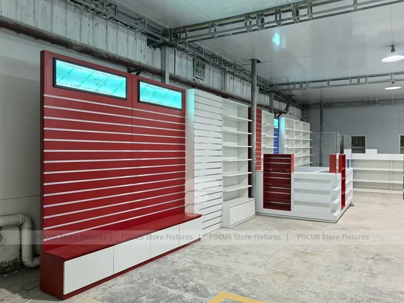 Blue Red Pharmacy Counter and Slatwall Fixture Set