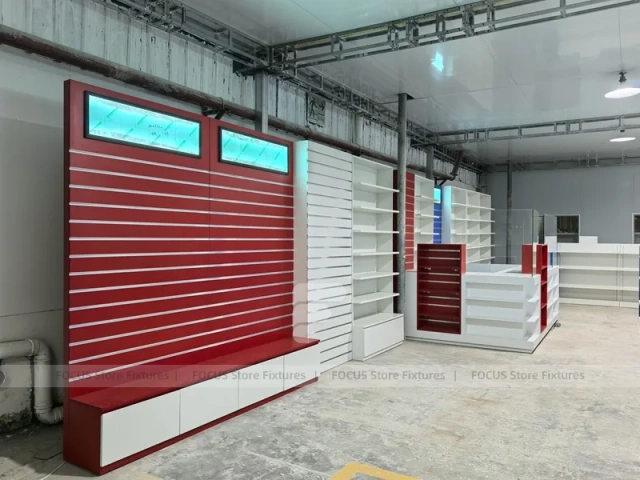 Blue Red Pharmacy Counter and Slatwall Fixture Set