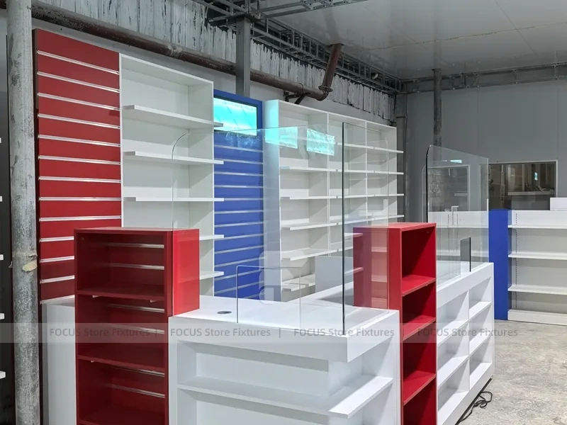 Blue Red Pharmacy Counter and Slatwall Fixture Set