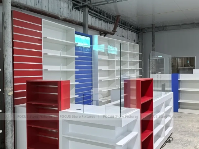 Blue Red Pharmacy Counter and Slatwall Fixture Set