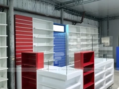 Blue Red Pharmacy Counter and Slatwall Fixture Set