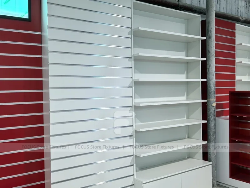 Blue Red Pharmacy Counter and Slatwall Fixture Set
