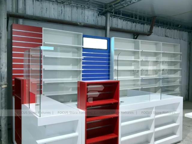 Blue Red Pharmacy Counter and Slatwall Fixture Set