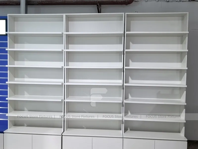 Blue Red Pharmacy Counter and Slatwall Fixture Set