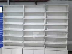 Blue Red Pharmacy Counter and Slatwall Fixture Set