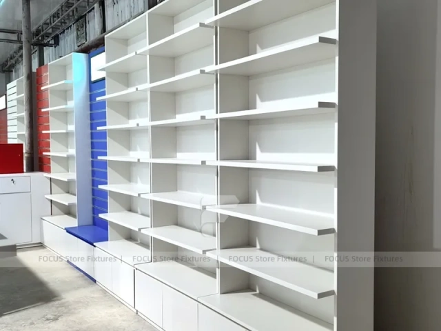 Blue Red Pharmacy Counter and Slatwall Fixture Set
