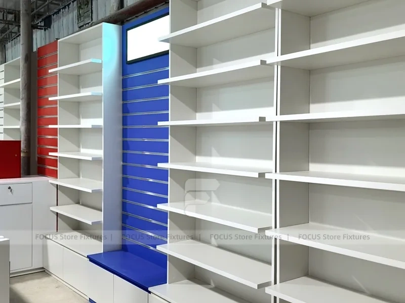 Blue Red Pharmacy Counter and Slatwall Fixture Set