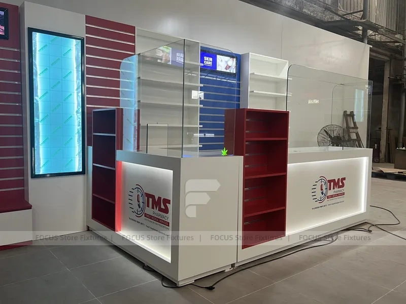 Blue Red Pharmacy Counter and Wall Display Fixture Set