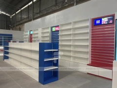 Blue Red Pharmacy Counter and Wall Display Fixture Set