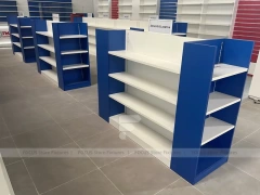 Blue Red Pharmacy Counter and Wall Display Fixture Set