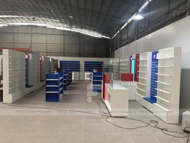 Blue Red Pharmacy Counter and Wall Display Fixture Set