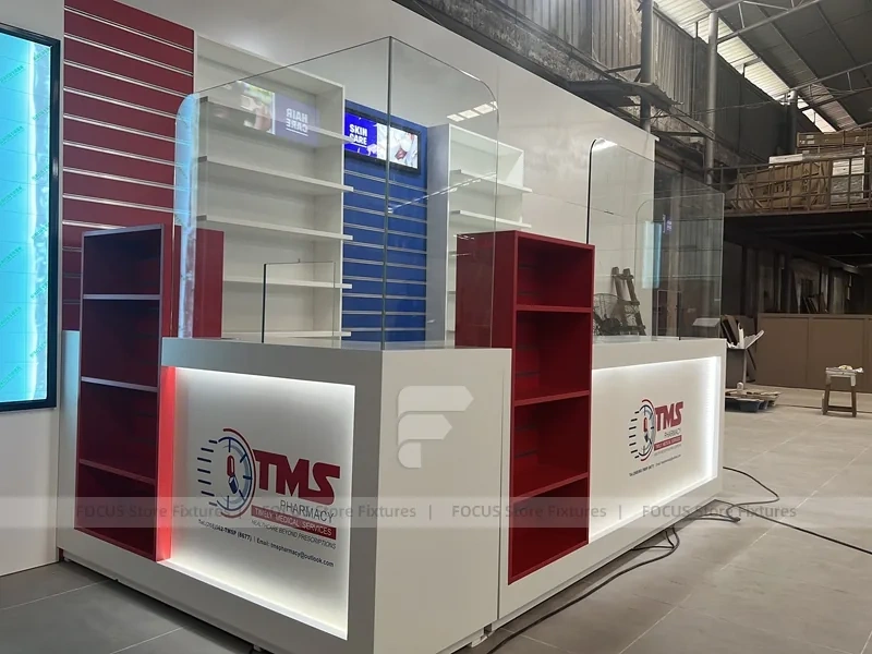 Blue Red Pharmacy Counter and Wall Display Fixture Set