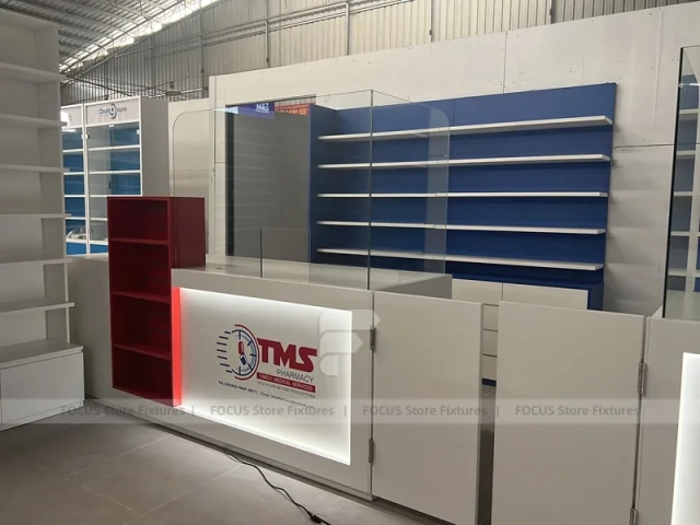 Blue Red Pharmacy Counter and Wall Display Fixture Set