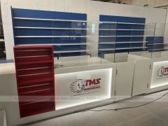 Blue Red Pharmacy Counter and Wall Display Fixture Set