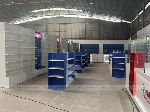 Blue Red Pharmacy Counter and Wall Display Fixture Set
