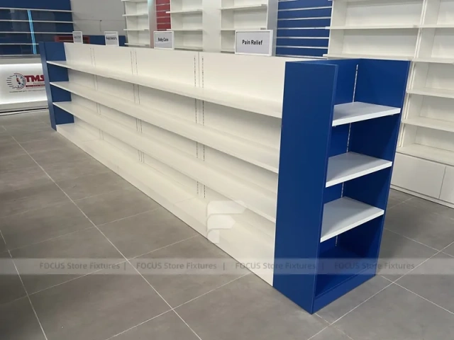 Blue Red Pharmacy Counter and Wall Display Fixture Set