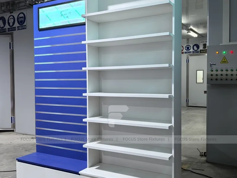 Blue Red Pharmacy Slatwall Shelving Fixture Set