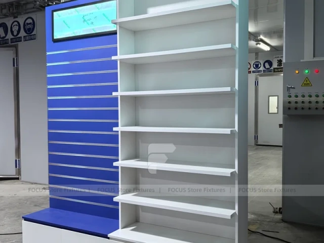 Blue Red Pharmacy Slatwall Shelving Fixture Set