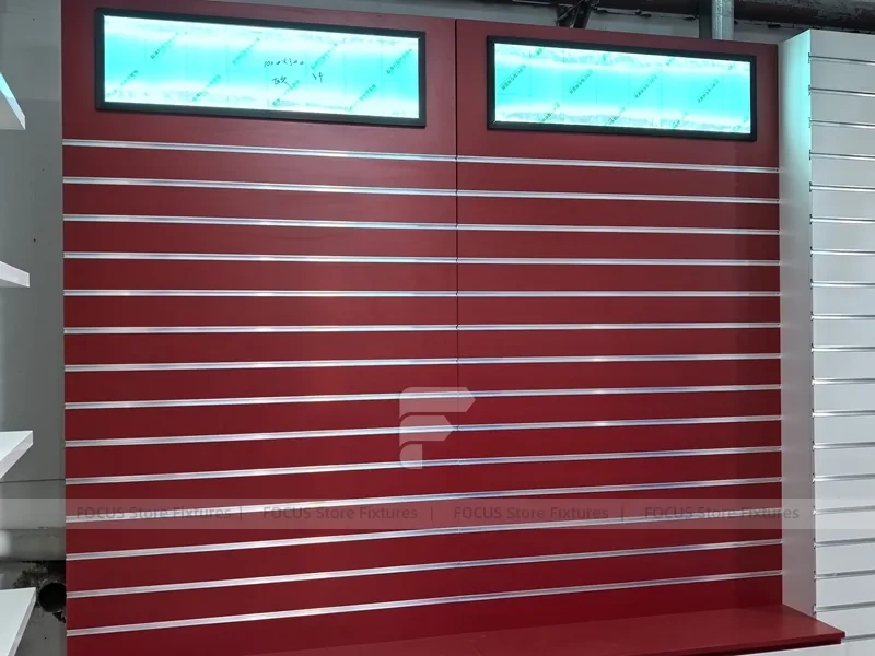 Blue Red Pharmacy Slatwall Shelving Fixture Set