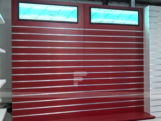 Blue Red Pharmacy Slatwall Shelving Fixture Set