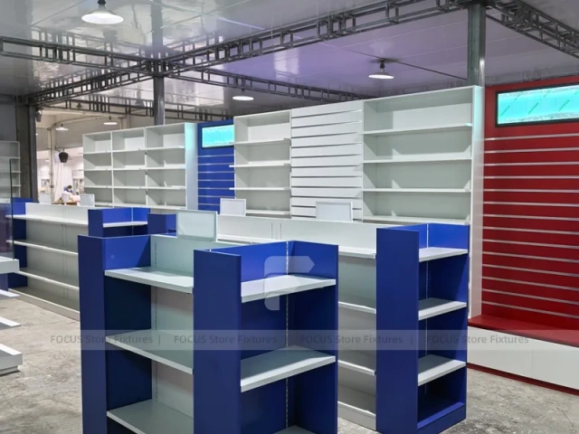 Blue Red Pharmacy Slatwall Shelving Fixture Set