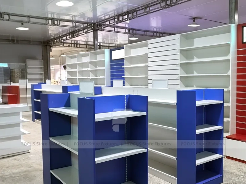Blue Red Pharmacy Slatwall Shelving Fixture Set