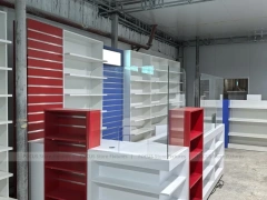 Blue Red Pharmacy Slatwall Shelving Fixture Set