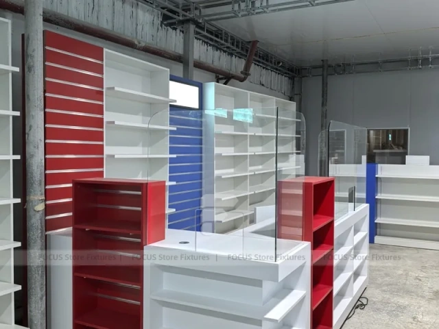 Blue Red Pharmacy Slatwall Shelving Fixture Set